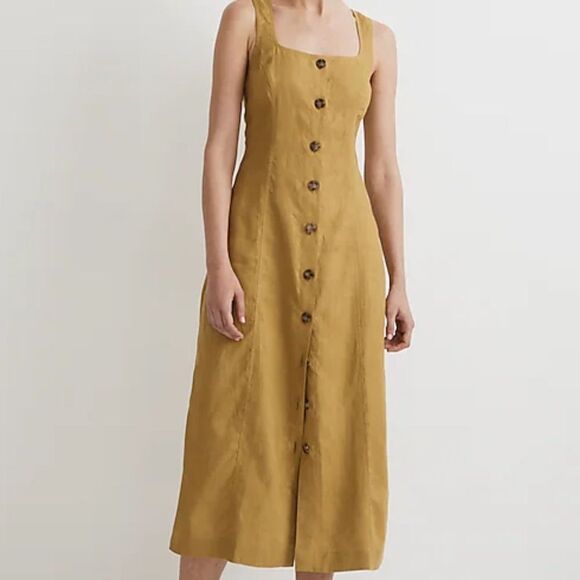 Madewell Button-Front Midi Dress in 100% Linen Citrus Lime 2 - Picture 1 of 7